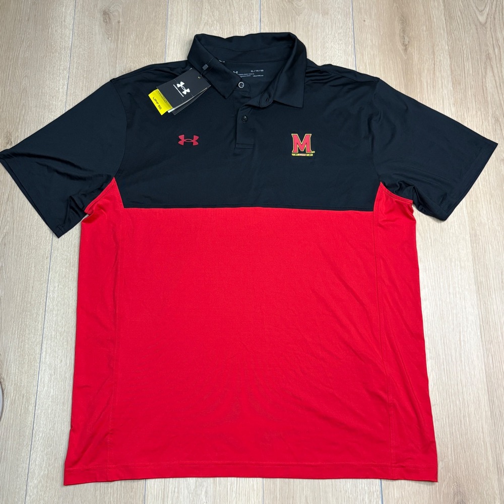 Under Armour Maryland Terrapins Polo Shirt Mens XL Black Red HeatGear UPF 50 NWT